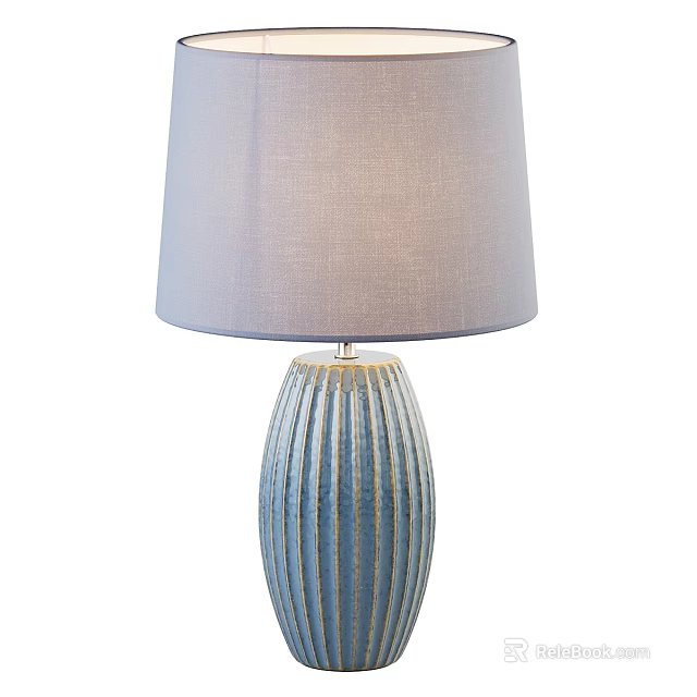 Stylish Table Lamp With Blue Ceramic Base Striped Design And Gray Fabric Shade 3d model 