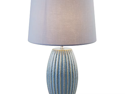 Stylish Table Lamp With Blue Ceramic Base Striped Design And Gray Fabric Shade 3d model