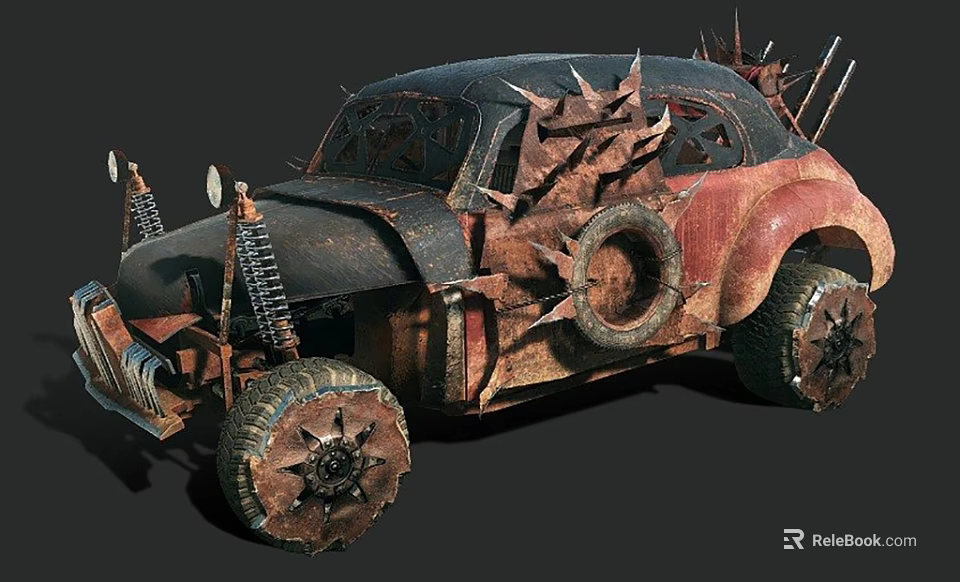 Rusty Modified Car with Spikes and Tire Decorations in Post Apocalyptic Rugged Design 3d model 