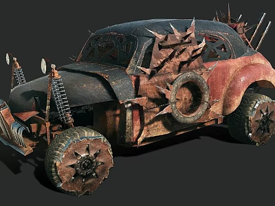 Rusty Modified Car with Spikes and Tire Decorations in Post Apocalyptic Rugged Design 3d model