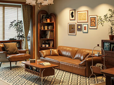 Cozy Living Room Interior With Brown Leather Sofa Armchair Coffee Table And Framed Wall Art 3d model