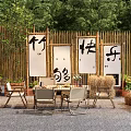 Outdoor Leisure Space With Bamboo Fence Scrolls Chinese Characters Straw Bales And Seating