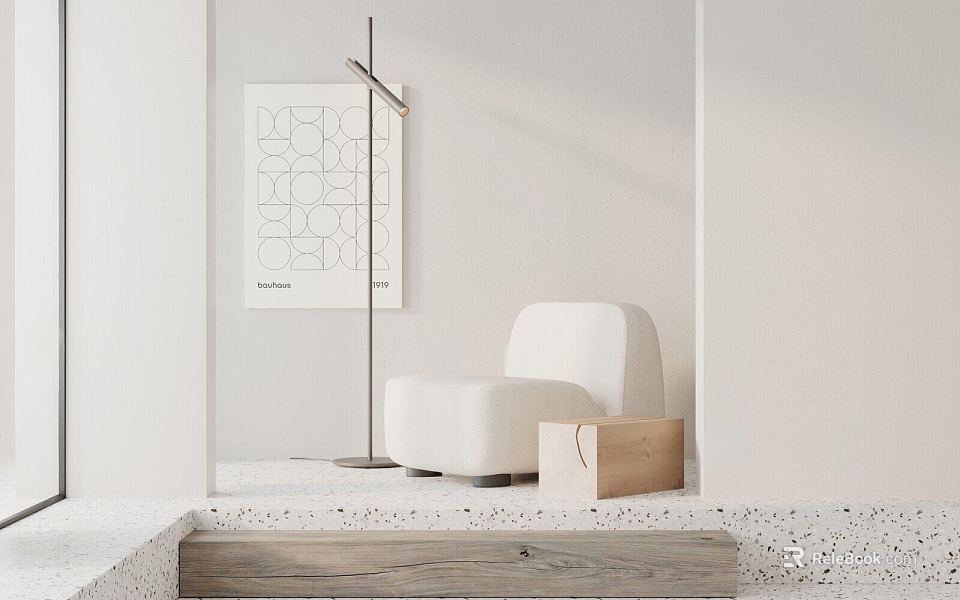 Modern Minimalist White Single Sofa with Floor Lamp Geometric Art Wooden Platform Paper Bag 3d model 