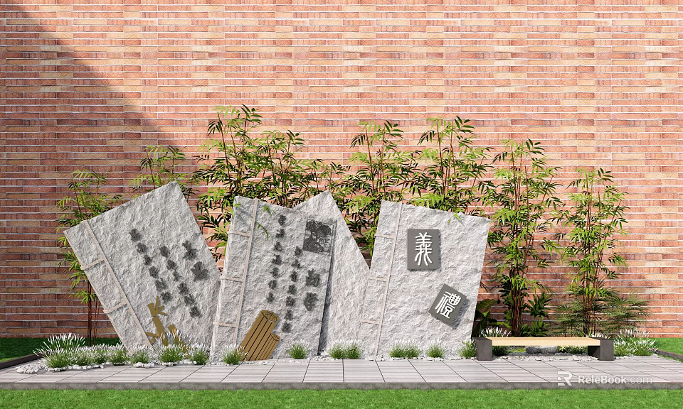 Garden Ornaments Featuring Slanted Stone Slabs Inscriptions Green Plants Against Red Brick Wall 3d model 