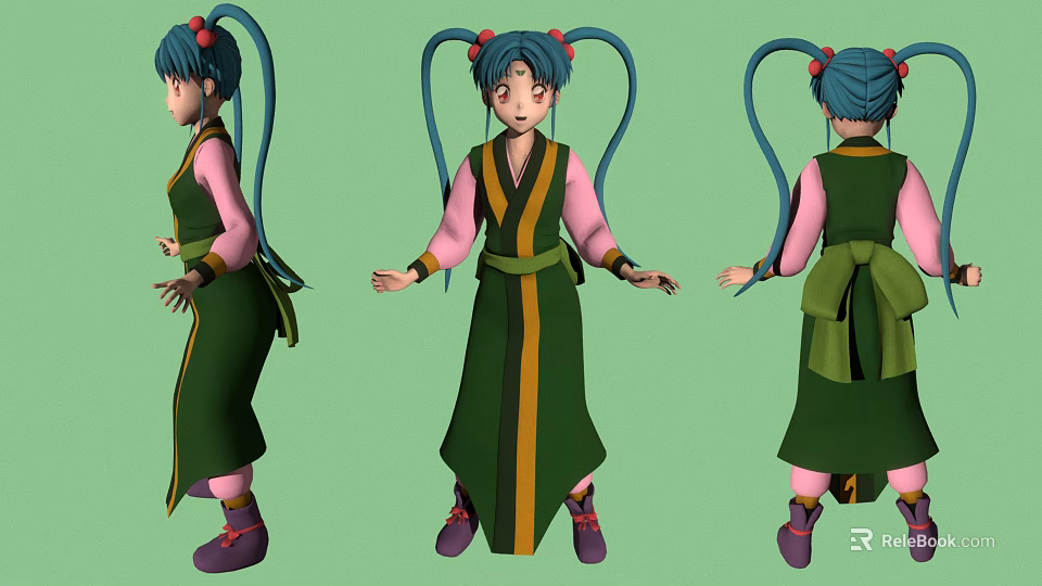 Anime Character With Blue Twin Ponytails In Green And Pink Traditional Outfit Three Angles View 3d model