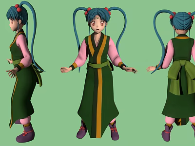 Anime Character With Blue Twin Ponytails In Green And Pink Traditional Outfit Three Angles View 3d model