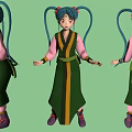 Anime Character With Blue Twin Ponytails In Green And Pink Traditional Outfit Three Angles View