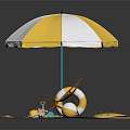Cartoon Beach Scene With Yellow And White Umbrella Striped Deck Chair Lifebuoy And Flip Flops