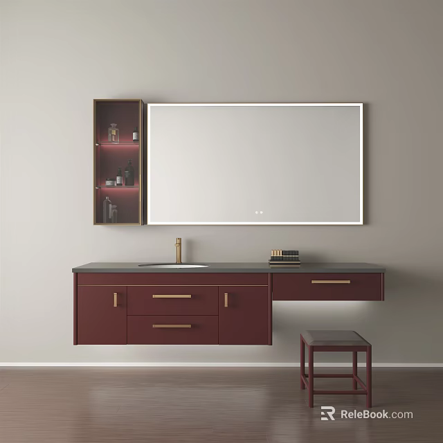 Elegant Bathroom Vanity With Large Mirror Dark Red Cabinets Black Countertop And Small Stool 3d model 