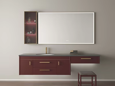 Elegant Bathroom Vanity With Large Mirror Dark Red Cabinets Black Countertop And Small Stool 3d model