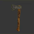 Traditional Axe With Metal Blade And Wooden Handle Featuring Intricate Carvings
