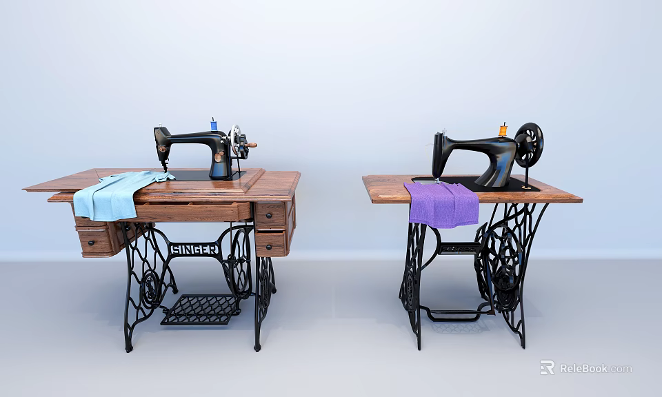 Two Vintage Singer Industrial Sewing Machines With Wooden Tables Metal Frames And Colored Fabrics 3d model 