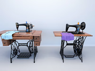 Two Vintage Singer Industrial Sewing Machines With Wooden Tables Metal Frames And Colored Fabrics 3d model