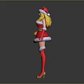 Blonde Female Character In Christmas Costume With Reindeer Antlers Red Dress White Fur Trim Stockings