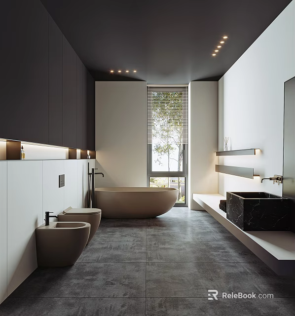 Modern Bathroom Interior With Freestanding Bathtub Toilet Wall Mounted Sink Dark Cabinets And Recessed Lighting 3d model 