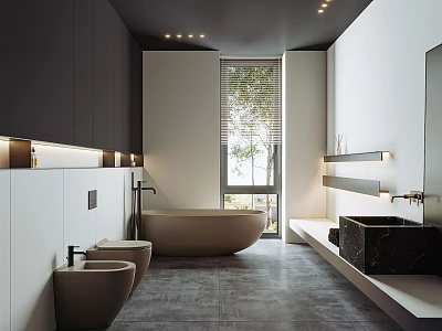 Modern Bathroom Interior With Freestanding Bathtub Toilet Wall Mounted Sink Dark Cabinets And Recessed Lighting 3d model