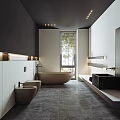 Modern Bathroom Interior With Freestanding Bathtub Toilet Wall Mounted Sink Dark Cabinets And Recessed Lighting
