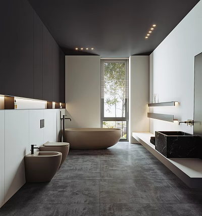Modern Bathroom Interior With Freestanding Bathtub Toilet Wall Mounted Sink Dark Cabinets And Recessed Lighting 3d model