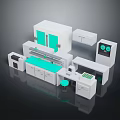 Modern Kitchen Furniture With Green Countertop Island And White Storage Cabinets