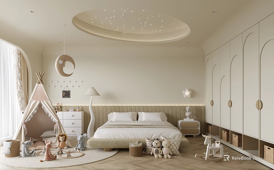 Kids Room Interior Design With Star Ceiling Teepee Tent Stuffed Toys And Rocking Horse 3d model 