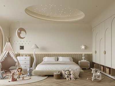 Kids Room Interior Design With Star Ceiling Teepee Tent Stuffed Toys And Rocking Horse 3d model