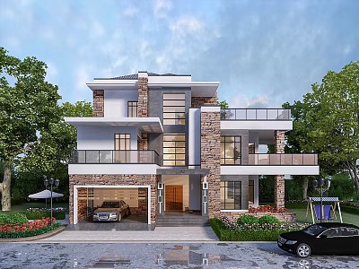 Modern Two Story Detached Villa With Garage Stone Glass Exterior And Greenery 3d model