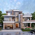 Modern Two Story Detached Villa With Garage Stone Glass Exterior And Greenery