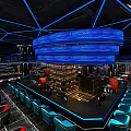 Modern Bar Interior Design With Blue Lighting Geometric Ceiling And Wine Racks