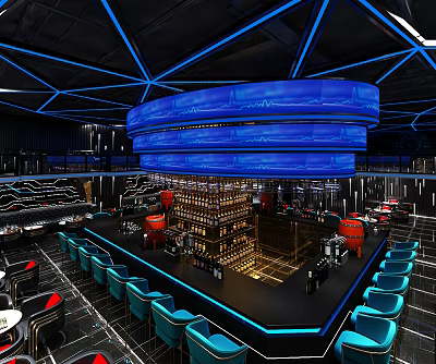 Modern Bar Interior Design With Blue Lighting Geometric Ceiling And Wine Racks 3d model