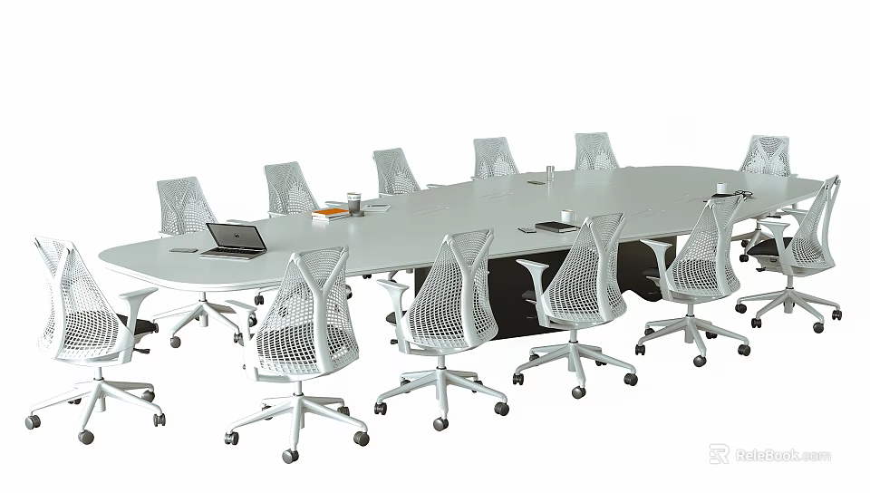 Modern Office Conference Table With Mesh Office Chairs Laptops And Coffee Mugs 3d model 