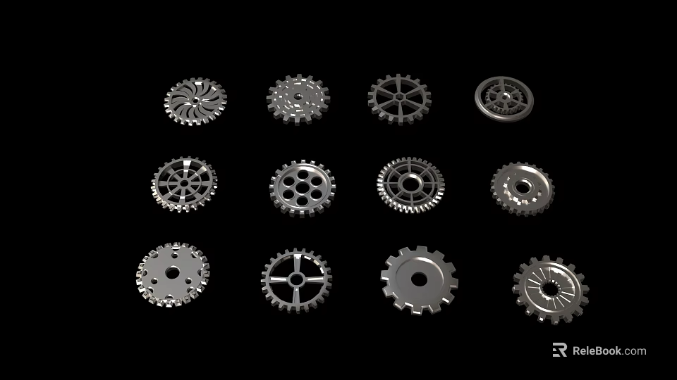 Various Metal Gears With Different Designs On Black Background 3d model