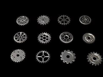 Various Metal Gears With Different Designs On Black Background 3d model