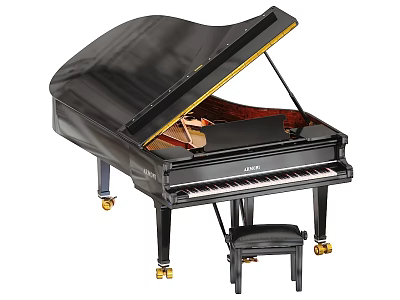 Elegant Black Grand Piano With Open Lid Matching Stool And Golden Wheels 3d model
