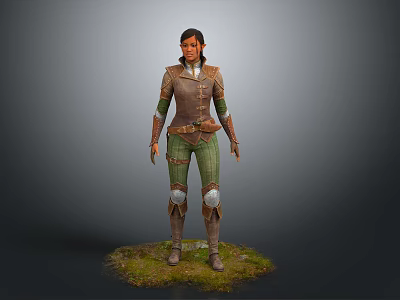 Woman in Adventurer Style Outfit with Leather and Cloth Details Standing on Grass 3d model
