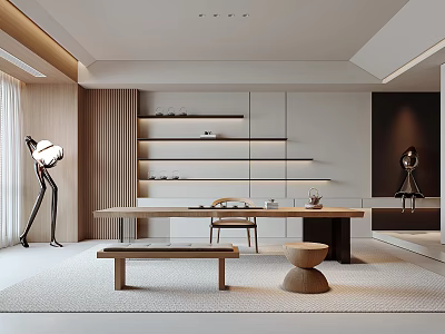 Modern Tea Room Interior Design With Wooden Long Table And Wall Shelves Plus Floor Lamp 3d model