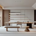 Modern Tea Room Interior Design With Wooden Long Table And Wall Shelves Plus Floor Lamp