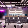 Modern Bar Interior With Neon Purple Blue Lights Geometric Patterns And Cozy Seating