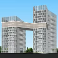 Modern Hotel Building With Glass Curtain Wall Twin Towers Green Lawn Trees And Blue Sky