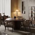 Round Wooden Dining Table Set With Rattan Chairs In Warm Modern Living Space