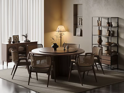 Round Wooden Dining Table Set With Rattan Chairs In Warm Modern Living Space 3d model