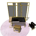 Elegant Modern Table and Chair Set With Gold Frame and Pink Round Rug