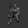 Detailed Robotic Character in Crouching Pose Holding Gun With Metallic Armor Suit
