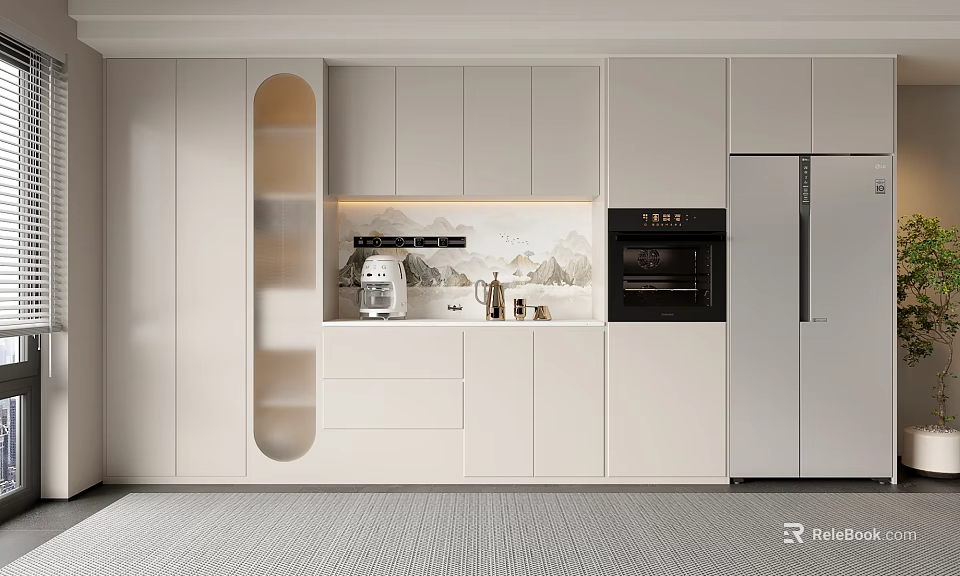 Modern Kitchen Interior Design With White Cabinets Island Oven And Refrigerator 3d model 