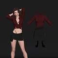 Woman Wearing Crimson Leather Top And Black Leather Skirt With Matching Boots