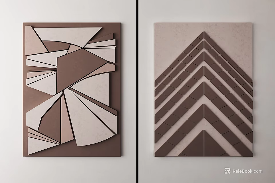 Modern Textured Wall Decor with Geometric Shapes and Chevron Patterns in Brown and Beige 3d model