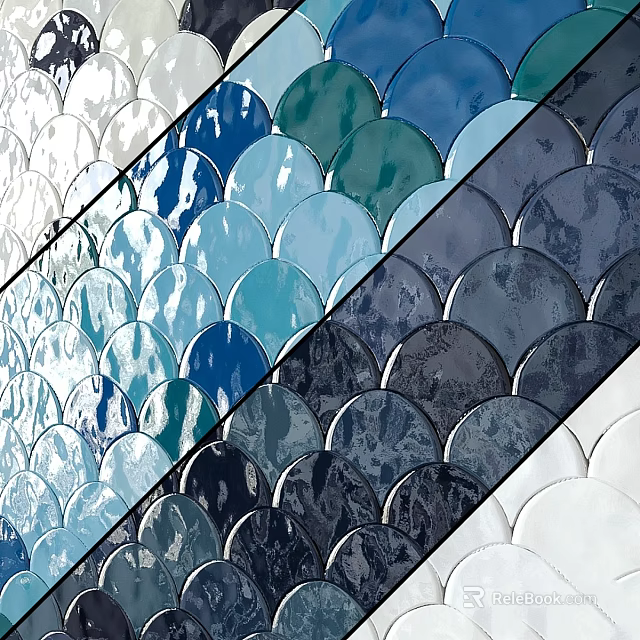 Multicolored Fish Scale Shaped Tiles With Blue Green Gray And White Hues 3d model 