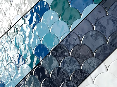 Multicolored Fish Scale Shaped Tiles With Blue Green Gray And White Hues 3d model