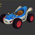 Blue Go Kart With Orange Seats Large Red Rim Tires And Silver Exhaust Pipes