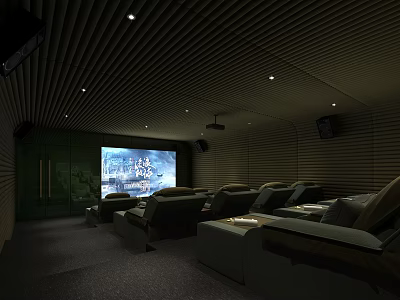 Modern Cinema Interior With Comfortable Reclining Seats And Large Projection Screen 3d model
