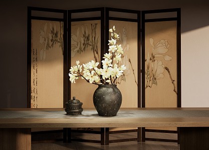 New Chinese Floriculture New Chinese Magnolia Flower-arranging New Chinese Vase Floriculture Zen Floriculture White Magnolia Flower-arranging Branches Chinese Screen Ornaments 3d model